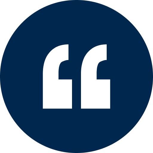 Quotation marks icon on dark blue background.