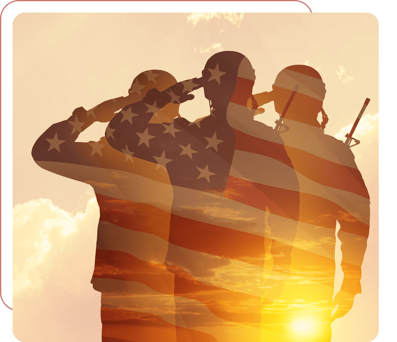 Soldiers saluting with American flag overlay.