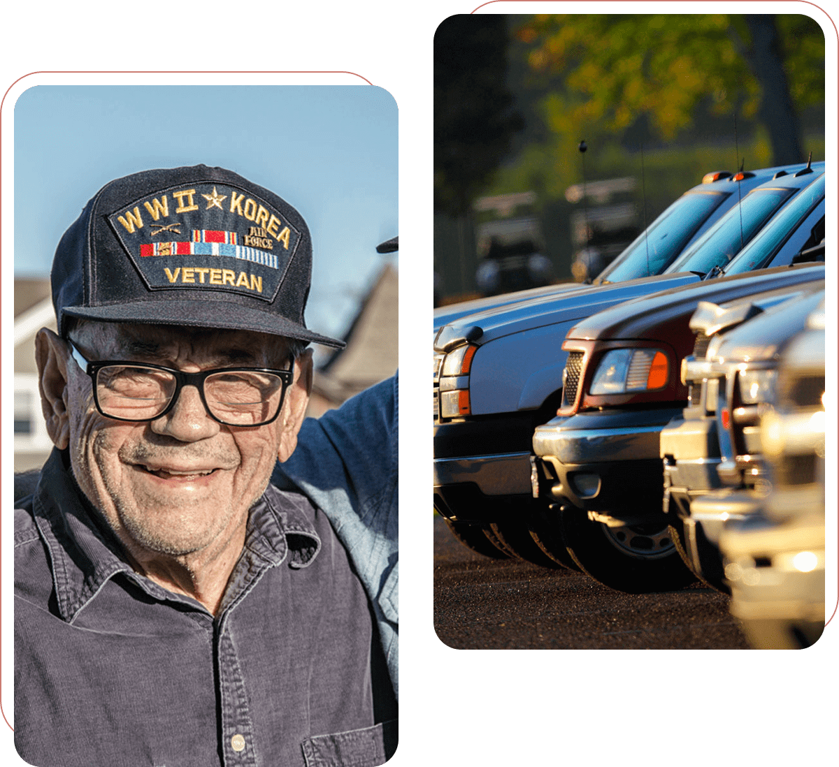 Veteran smiling beside parked vintage trucks.