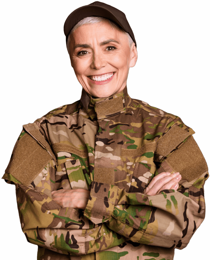 Smiling person in military uniform and cap.
