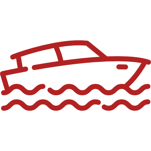 Red boat icon on black background.