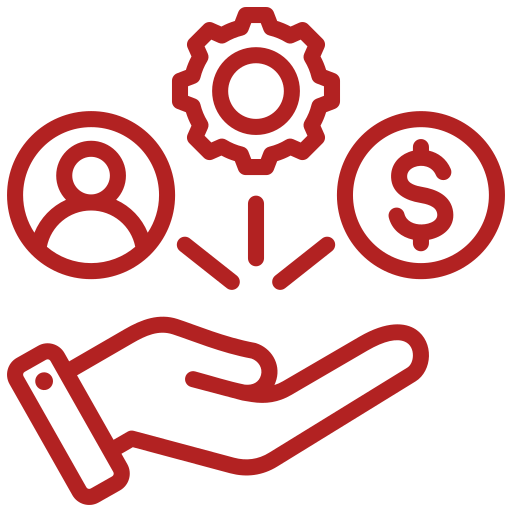 Hand with gear, person, and dollar icons.