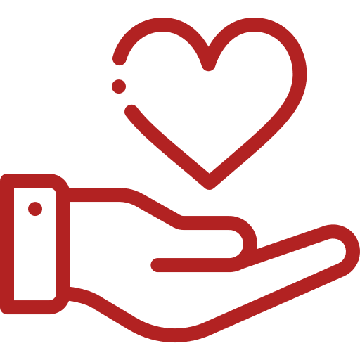 Hand holding red heart outline icon.