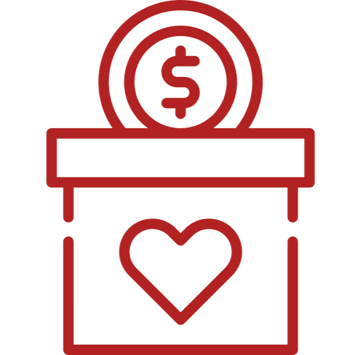 A red donation box with a heart symbol and a coin dropping in.