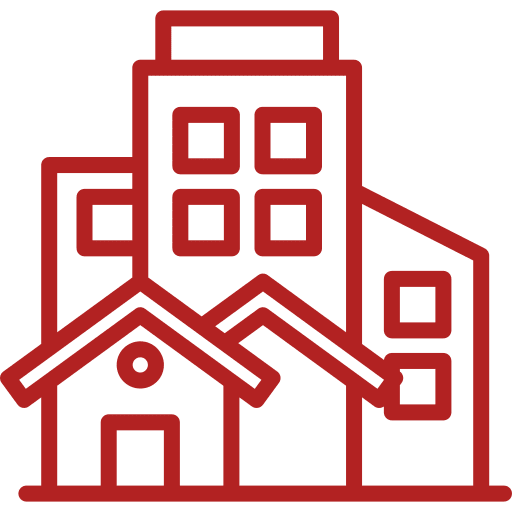 Red outline of buildings and house icon.
